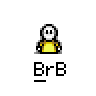 Animated contact sheet showing 18 frames of a pixel art buddy icon with yellow stick figure, red dot on head, and "BrB" text below each frame.