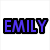 Pixelated text in four quadrants: EMILY (blue), IS (black), DA (red), BEST (purple) on white background.