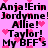 Pixelated text listing names and phrases on a pink background with scattered heart symbols.