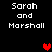 Black background with white pixelated text 'Sarah and Marshall' repeated four times, red heart symbols in different positions across frames.