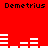 Red background with repeated black text "Demetrius" and white horizontal bar patterns in pixelated style.