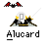 Animated contact sheet showing five frames of a pixel art buddy icon featuring Alucard with changing bat wings and sword poses on gray background.