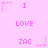 Pink pixelated animation with repeated text 'I LOVE ZAC' and star-dash patterns on a light pink background.