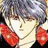 Pixelated anime-style character with gray hair, closed eyes, and red cheeks, wearing a white top with a thin chain necklace.