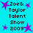 Pixelated turquoise background with purple star shapes and black text reading "Zoës: Taylor Talent Show 2009" arranged in a pattern
