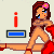 Pixel-art animation of a woman in red outfit with flower, crying and crossing arms as text changes from 'i miss' to 'you'.