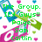 Pixelated green text lists names over a background of blue and pink cylindrical shapes with white circles, scattered pink and blue hearts, and a gray rectangle.