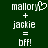Pixelated text and symbols on dark green background with two identical side-by-side layouts showing 'mallory' plus 'jackie' equals 'bff!' in white block letters.