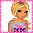 Pixel art contact sheet showing a blonde cartoon character in various poses with text panels, framed by pink dotted border on white background.