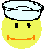 Two pixelated yellow smiley faces with light blue chef hats, one with a straight orange mouth and the other with a curved smiling mouth.