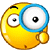 Yellow cartoon face with blue-rimmed magnifying glass held near eye, showing varied eye expressions and mouth shapes