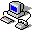 Pixelated computer monitor icon with blue screen, gray casing, and white keyboard, arranged in a with subtle animation changes