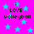 Bright pink background with scattered cyan stars and repeated pixelated text reading "i LOVE volleyball" in black.