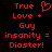 Red pixelated text on black background reads 'True Love + Guy insanity = Diaster!' with a heart symbol replacing the first 'e' in 'True'.