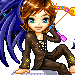Pixel art character with brown hair and blue eyes, wearing dark brown outfit with yellow accents, holding a glowing bow with pink and blue elements, seated pose with purple wings.
