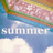Pixelated image with 'SUMMER' text over a blue sky background, featuring pink and white floral elements at the top.