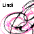 Pixelated icon with 'Lindi' text and abstract pink/black circular patterns on white background.