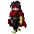 Animated contact sheet of a pixel art character with red cape, black outfit, and yellow boots performing various actions across 17 frames.