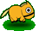 Yellow pixelated creature with single large eye stands on green base, first view shows side profile facing right, second view shows front-facing pose.