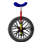 Animated sequence of a unicycle viewed from multiple angles against a gray background, showing rotation and perspective changes.