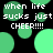 Pixelated green circles float over black background with repeated text 'when life sucks just CHEER!!!!' in white block letters.