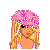 Pixelated character with blonde hair wearing pink headpiece, white top, and pink pants; text reads '3 dumb wordsblonde' in pink font.