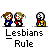 Animated contact sheet of a pixel art buddy icon showing two female characters in various poses with text "Lesbians Rule" below each frame.