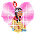Pixelated animated icon featuring a Native American-style character in traditional attire within a pink heart-shaped frame with white sparkles, displayed across three sequential frames showing subtle pose changes.