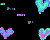 Pixelated static image with multiple heart shapes and scattered color blocks on a black background.