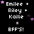 Pixelated text displays 'Emilee', 'Riley', 'Kailie', and 'BFF'S!' with pink and purple stars on a black background, animated in a