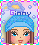 Pixelated character with blue headwrap and brown hair, pink cheeks, blue eyes; text "Ginny" above on light purple background with cloud and bubble motifs.