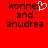Red background with black pixelated text reading 'konner and anudrea' and a white pixelated heart symbol replacing the 'o' in 'konner' on the left side.