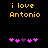 Yellow pixelated text 'i love Antonio' on black background with five pink and purple heart icons below, two versions show different heart positions.