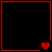 Four black squares bordered by red lines with pixelated hearts in bottom-left, top-right, and bottom-right corners.