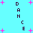Pixelated cyan background with scattered pink plus signs and vertical text reading "DANCE" in dark purple letters.