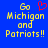 Blue background with yellow pixelated text reading 'Go Michigan and Patriots!!' featuring a red heart symbol above the word 'Go'.