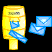 Pixelated yellow mailbox with blue envelope props; two states show different envelope positions and counts against black background.