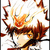 Pixelated anime-style character with brown hair and orange-yellow flame-like effects surrounding the head against a white background.