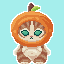 Pixel art cat in orange pumpkin costume with green stem, light blue background, multiple identical copies
