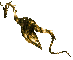Animated pixelated dragon with golden-brown body, dark green wings, and long tail, shown in two poses against gray background.