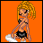 Pixelated character with curly blonde hair in black bikini top and black shorts, holding white object against orange background with 'October' text.