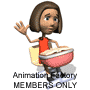 Animated character in red sleeveless top and brown bob hair sits on yellow chair holding pink bowl, waving hand with changing expression and arm position across frames.
