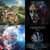 Four pixelated quadrants display distinct scenes: top-left shows a landscape with greenery and sky, top-right features a dark figure with red accents, bottom-left contains a bright abstract light pattern, bottom-right shows a small circular object on dark background.