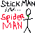 Pixelated stick figure animation with red-headed characters in blue limbs, showing sequential poses including standing, walking, and web-swinging actions.