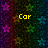 Pixelated image with dark multicolored background featuring purple, green, and blue hues, two pink star shapes on left, and yellow text 'Cor' in center.