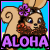 Pixelated cartoon icon of a brown-furred animal character with blue eyes, purple flower headband, and red cheeks against bright blue background with large beige spiral shape on left and green base at bottom; bold purple text "ALOHA" spans bottom edge.