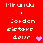 Red background displays white pixelated text 'Miranda + Jordan sisters 4eva' with a heart symbol, showing two variations of the heart color.