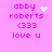 Pixelated pink background with text and animated symbols above 'abby roberts' and '(333) love u'.