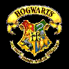 Five Hogwarts house crests displayed in a : Hogwarts, Gryffindor, Ravenclaw, Hufflepuff, and Slytherin with their respective symbols and colors