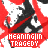 A repeating pattern of stylized black-and-white faces with red diagonal stripes overlaid, each face paired with the text "MEANING IN TRAGEDY" in a rectangular box.